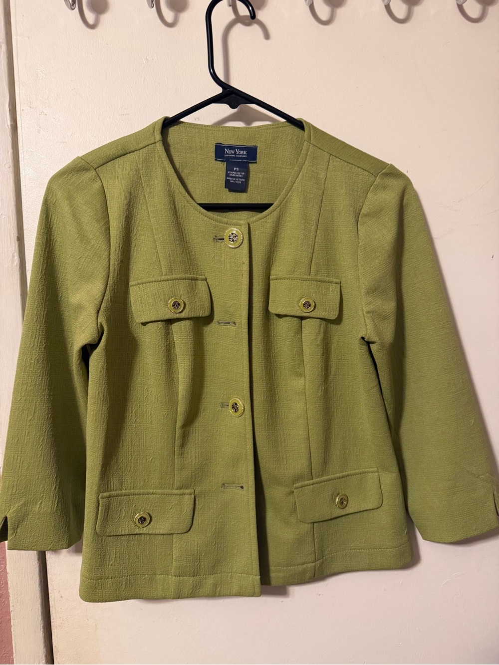 New York & Company Olive Green Round-Neck Button Jacket
